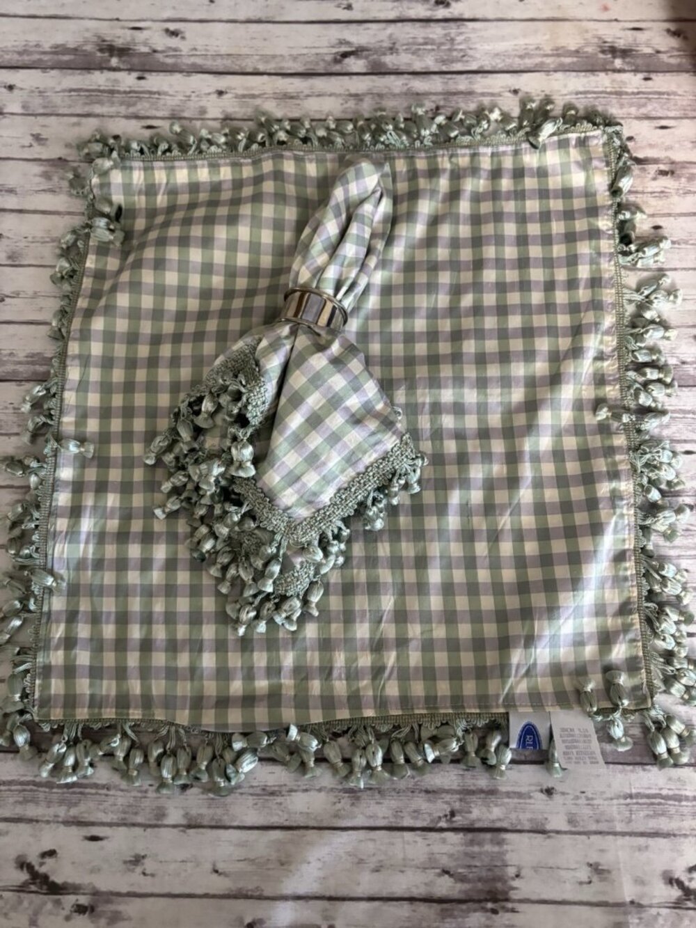 PAIR Green Purple Silk Check Gingham Napkins Tassels French‎ Country Romantic